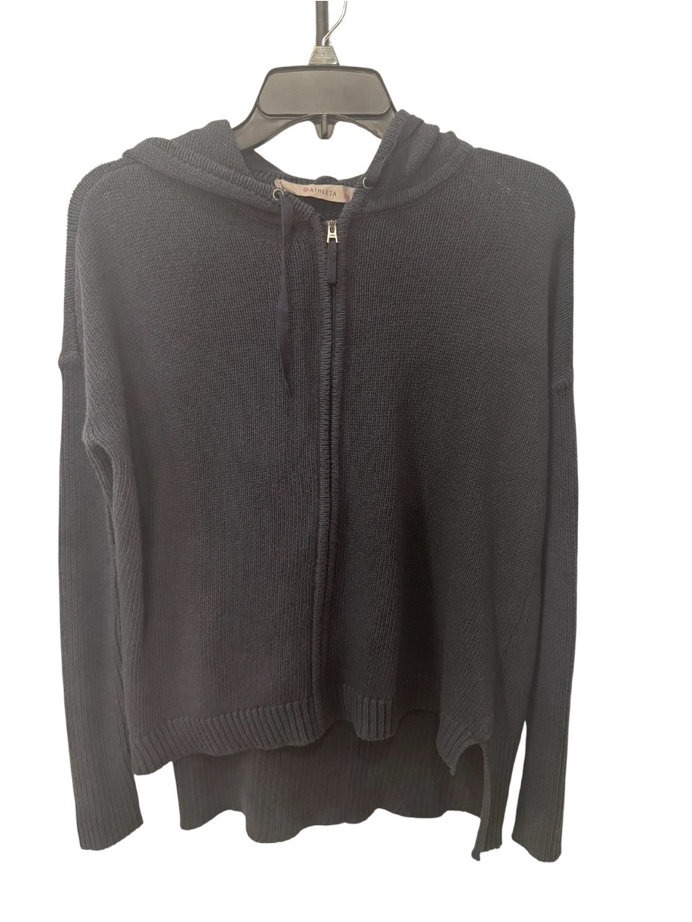 Athleta Revive knit hoodie features a full zip closure and a high-low hem sz XXS